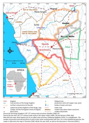 Figure 1. Location map situating the Kindoki and Ngongo Mbata sites inside the Kongo kingdom borders of the sixteenth–seventeenth centuries.